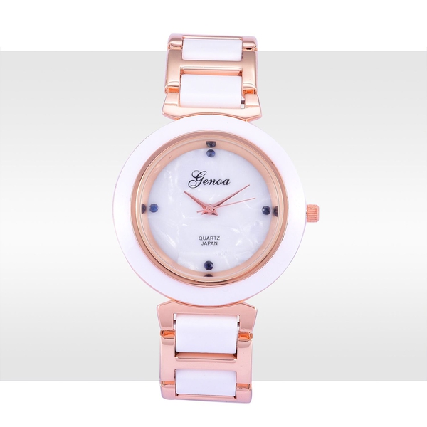 Blue Sapphire studded GENOA White Ceramic Japanese Movement Dial Water Resistant Watch in Rose Gold Tone with Stainless Steel Back