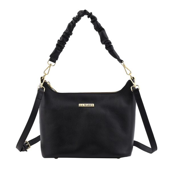 LA MAREY Genuine Leather Hobo Bag with Detachable Strap - Black