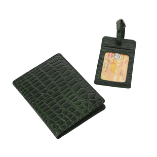100% Genuine Leather Croc Embossed Pattern RFID Protected BI Fold Wallet with Luggage Tag - Black