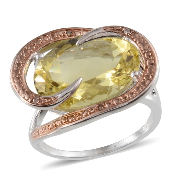 Brazilian Green Gold Quartz (Ovl 10.00 Ct), Yellow Diamond Ring in Platinum Overlay Sterling Silver 