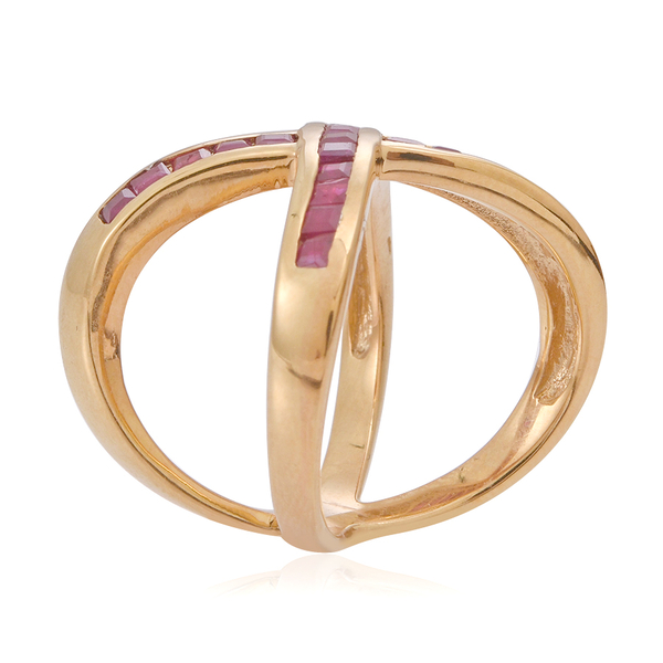 AAA Ruby (Sqr) Criss Cross Ring in 14K Gold Overlay Sterling Silver 1.500 Ct.