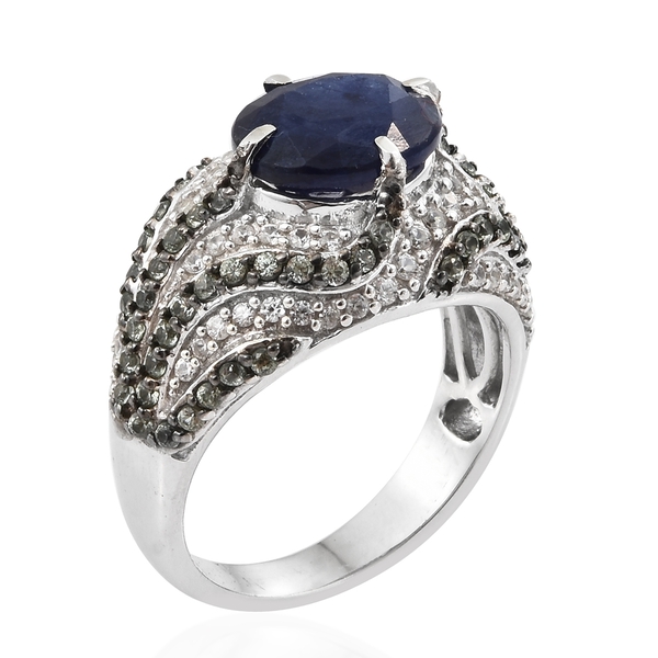 Masoala Sapphire (Ovl 5.00 Ct), Green Sapphire and Natural Cambodian Zircon Ring in Platinum Overlay Sterling Silver 6.750 Ct. Silver wt 8.31 Gms. Number of Gemstone 125