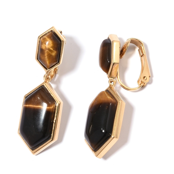 Designer Inspired - Tigers Eye (Hexagon 18x10 mm) Clip-On Drop Earrings (25.00 Ct) in Gold Tone
