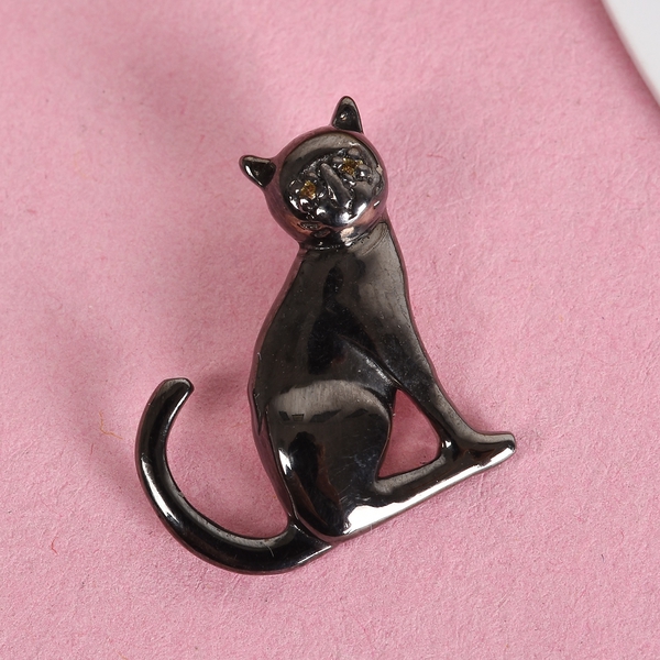 Yellow Sapphire (Rnd) Halloween Cat Pendant in Platinum Overlay and Black Plating Sterling Silver 0.015 Ct.