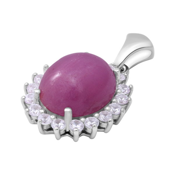AIG Certified Natural Pink Sapphire and Natural Cambodian Zircon Halo Pendant in Rhodium Overlay Sterling Silver 8.13 Ct.