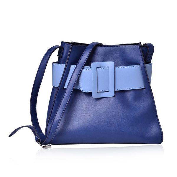 Set of 2 - Navy and Light Blue Colour Buckle Belt Design Large Handbag (Size 28x25x12.5 Cm) with Adjustable Shoulder Strap and Small Handbag (Size 17.5x15x7.5 Cm)