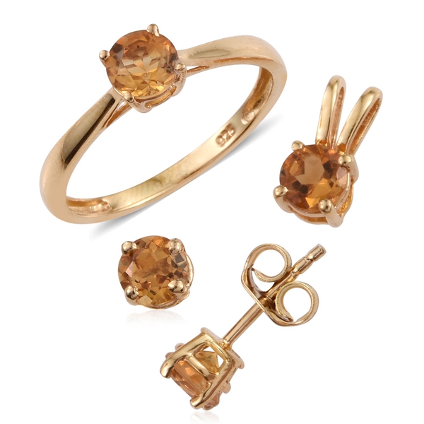 Citrine (Rnd 0.50 Ct) Solitaire Ring, Pendant and Stud Earrings (with Push Back) in 14K Gold Overlay