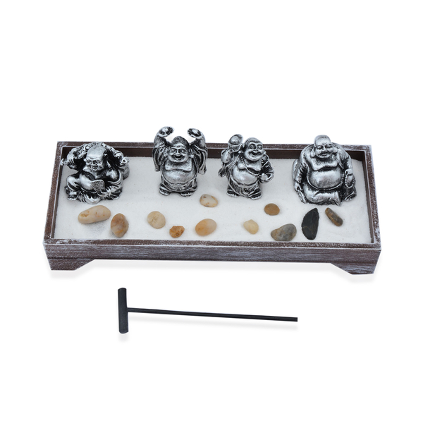 Home Decor - Silver Colour Resin Four Laughing Buddha with Sand and Stones in Rectangle Shape Base with Wodden Zen Rake