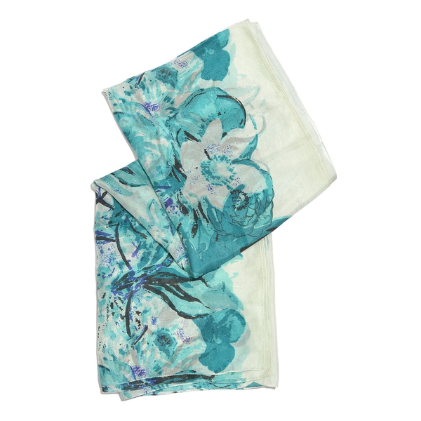 100% Mulberry Silk Turquoise, White and Multi Colour Handscreen Floral Printed Scarf (Size 200X180 Cm)
