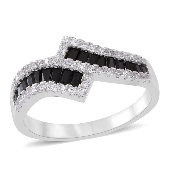 Designer Inspired- ELANZA AAA Simulated Black Diamond (Bgt), Simulated White Diamond Crossover Ring 