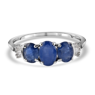 9K White Gold Natural Blue Sapphire and Diamond Ring 1.53 Ct.
