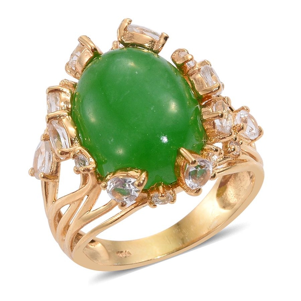Green Jade (Ovl 9.85 Ct), White Topaz Ring in 14K Gold Overlay Sterling Silver 12.000 Ct.