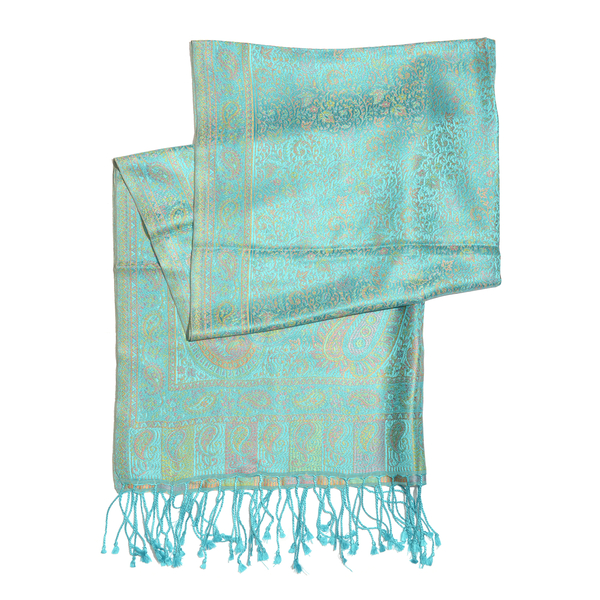 SILK MARK - 100% Superfine Silk Turquoise and Multi Colour Jacquard Scarf with Fringes (Size 180x70 Cm) (Weight 125 - 140 Grams)