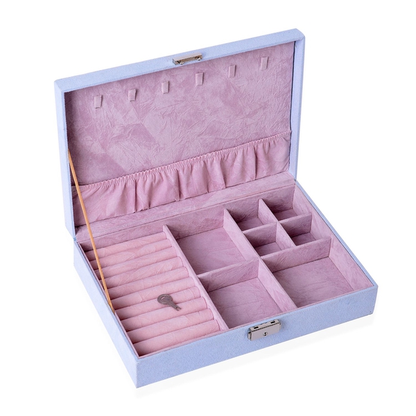 Sky Blue -  Velvet Jewelry Box (Can Store upto 60 rings, 3 Bracelet-Anklet Slots and 4 extra Slots), 6 Necklace Hooks and extra Pocket with Lock and Key (Size 28x19x6.5 Cm)
