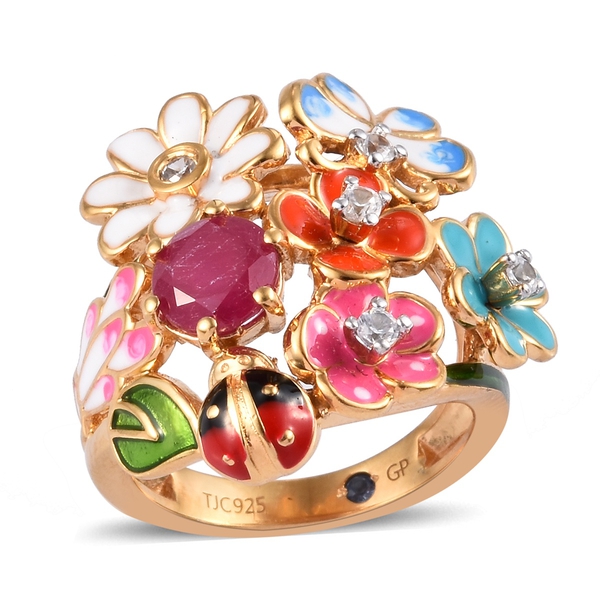 GP 1.50 Ct African Ruby and Multi Gemstone Floral Ring in 14K Gold Plated Sterling Silver 7 Grams