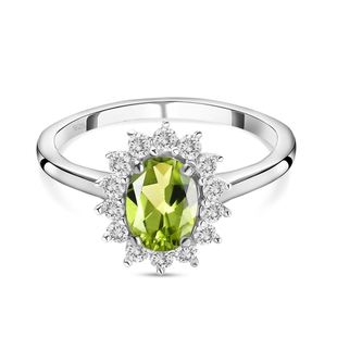 Hebei Peridot and Natural Cambodian Zircon Ring in Platinum Overlay Sterling Silver
