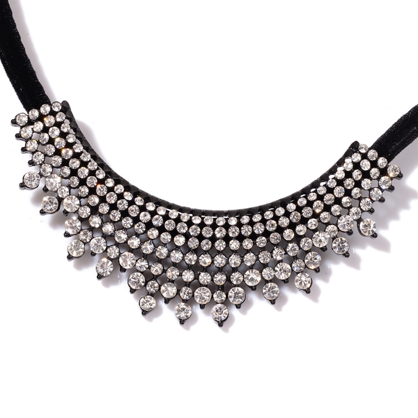 White Austrian Crystal Necklace (Size 20 with 2 inch Extender) in Black Tone with Velvet Cord