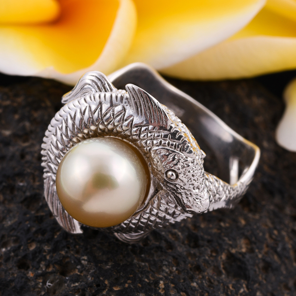 Royal Bali Collection - South Sea Pearl Fish Ring in Sterling Silver, Silver Wt. 8.00 Gms