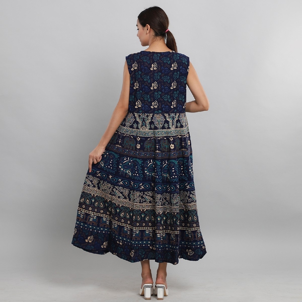 100% Cotton Mandala Print Dress - Blue