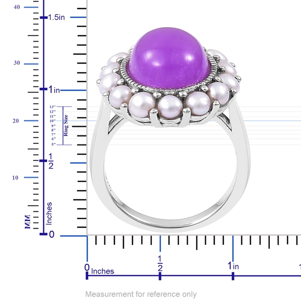 Designer Inspired-Purple Jade (Ovl 6.25 Ct), Fresh Water Pearl Floral Ring in Rhodium Plated Sterling Silver 8.150 Ct. Silver wt. 5.10 Gms.
