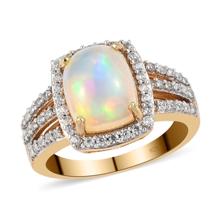 Ethiopian Welo Opal and Natural Cambodian Zircon Ring in Vermeil Yellow Gold Plated Sterling Silver 