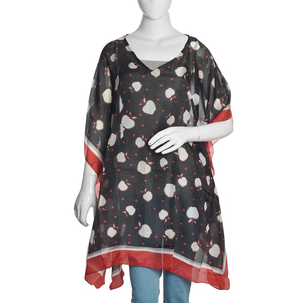 100% Mulberry Silk Black, Red and White Colour Apples Printed Kaftan (Free Size)