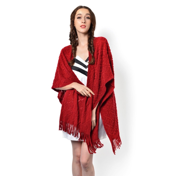 Red Colour Knitted Shawl with Tassels (Size 90x85 Cm)