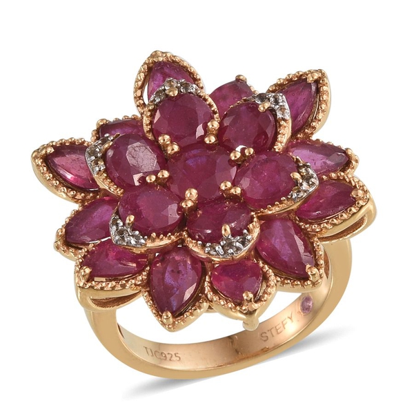 African Ruby (Rnd 1.25 Ct), Pink Sapphire and White Topaz Floral Ring in 14K Gold Overlay Sterling S