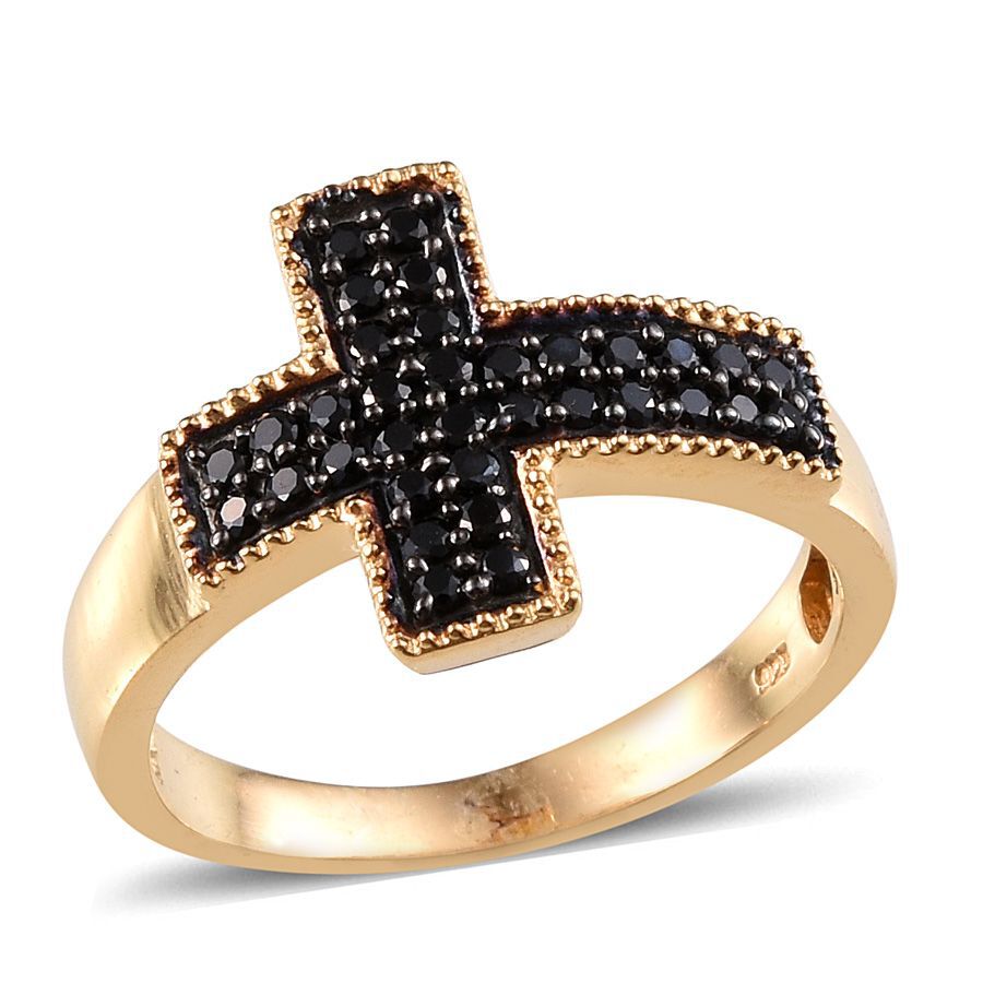 Boi Ploi Black Spinel (Rnd) Cross Ring in 14K Gold Overlay Sterling Silver 0.750 Ct.