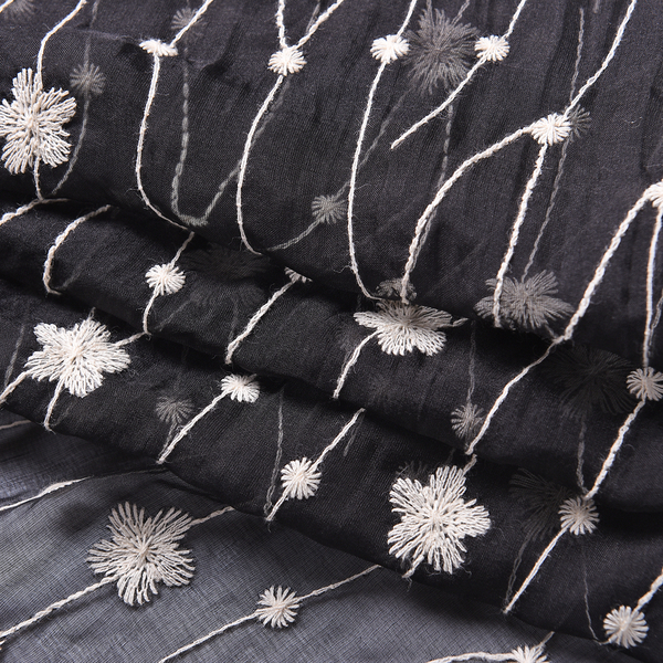 LA MAREY 100% Mulberry Silk Flower Vine Embroidery Pattern Scarf in Black (180x58cm)