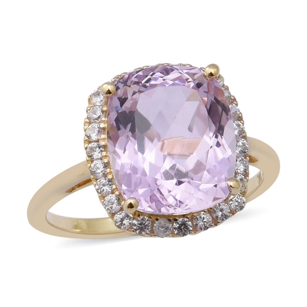 (Size L) 9K Yellow Gold AA Kunzite (Cus 12x10mm) and Natural Cambodian Zircon Ring 7.52 Ct.