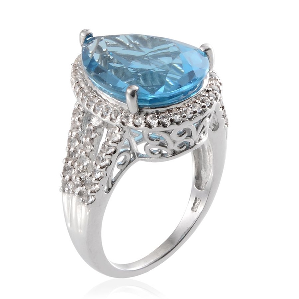 Electric Swiss Blue Topaz (Pear 12.00 Ct), White Topaz Ring in Platinum Overlay Sterling Silver 13.000 Ct.