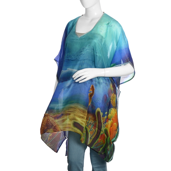 100% Mulberry Silk Blue, Green and Multi Colour Underwater World Pattern Kaftan (Free Size)
