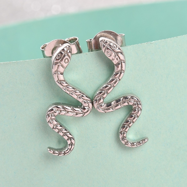 Platinum Overlay Sterling Silver Snake Stud Earrings (with Push Back)