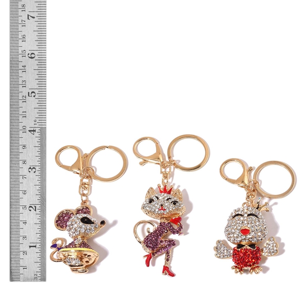 Set of 3 - White, Purple, Red and Black Austrian Crystal Chick, Fox and Rat Enameled Key Chain in Gold Tone
