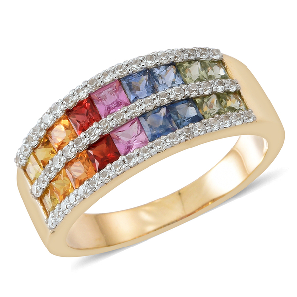 9K Y Gold AAA Rainbow Sapphire (Princess Cut), Natural Cambodian Zircon Ring 3.500 Ct. Gold Wt. 5.00