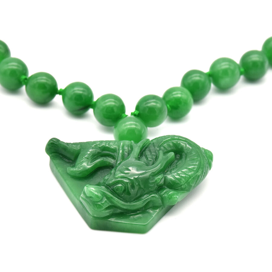 Green Jade Dragon Necklace (Size 24) in Rhodium Overlay Sterling Silver