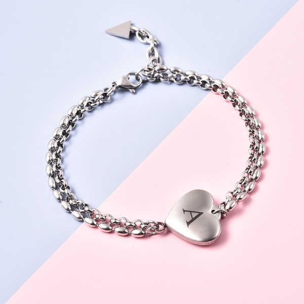 Personalised Engravable Initial Heart Steel Bracelet, Size 7.5+1 Inch, Stainless Steel