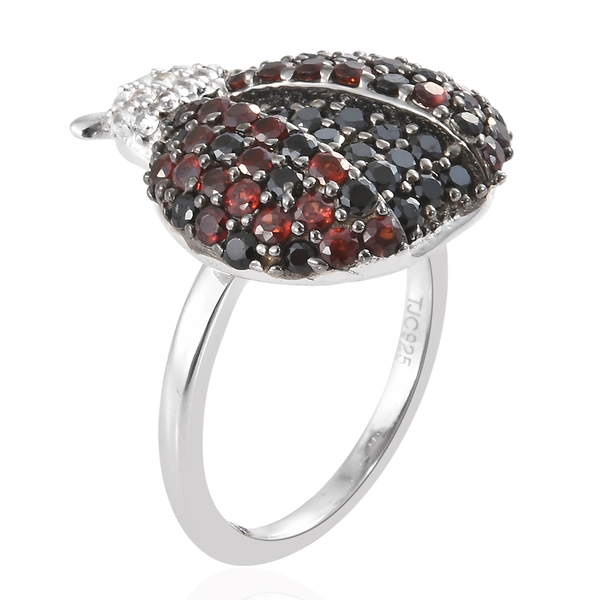 GP Mozambique Garnet (Rnd), Boi Ploi Black Spinel, Natural White Cambodian Zircon and Multi Gemstone Ladybird Beetle Ring in Platinum Overlay Sterling Silver 5.450 Ct, Silver wt 5.45 Gms.
