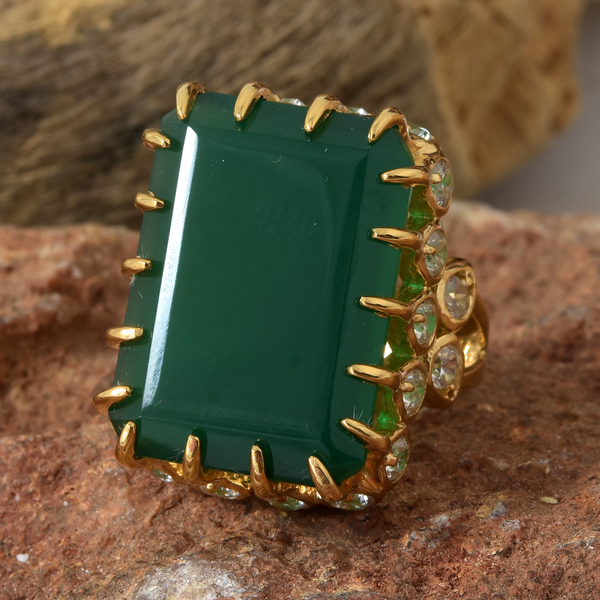 Verde Onyx (22x16 mm), Natural Cambodian Zircon Ring in 14K Gold Overlay Sterling Silver 20.000 Ct, Silver wt 9.03 Gms.