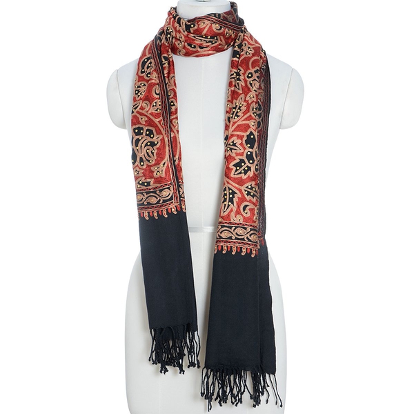 Limited Available - 100% Merino Wool Floral Embroidered Black, Red and Multi Colour Shawl (Size 200x70 Cm)