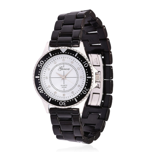 GENOA Black Ceramic Silver Tone Japanese Movement, Water Resistant Watch Studded with Austrian Cryst