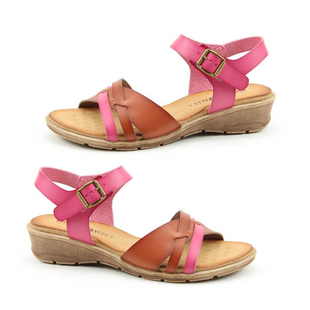 Heavenly Feet Iris Low Wedge Sandals with Adjustable Buckle Strap (Size 3) - Fuchsia/Tan