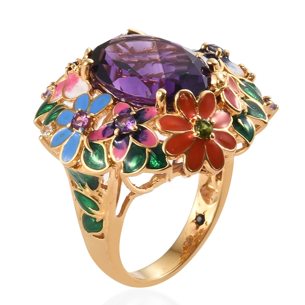 Limited Edition- GP Amethyst (Rare Size Ovl 18x13 mm 11.00 Ct), Mozambique Garnet, Chrome Diopside, Citrine and Multi Gemstone Floral Ring in 14K Gold Overlay Sterling Silver 11.500 Ct.