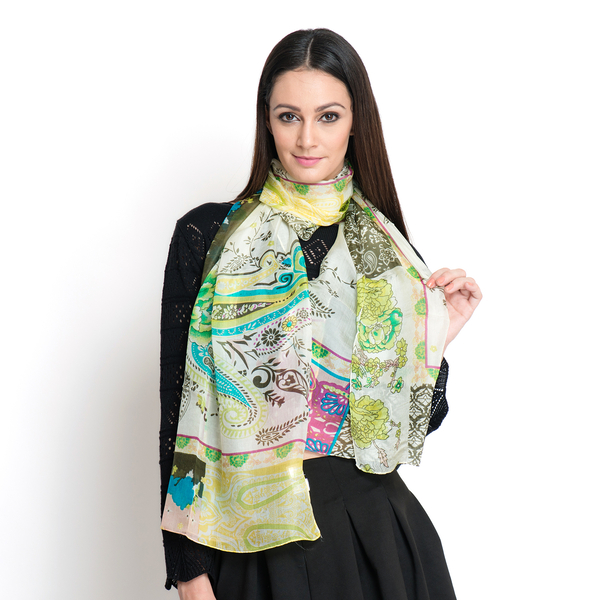 SILK MARK - Made in Kashmir 100% Silk Multi Colour Floral and Paisley Pattern White Colour Scarf (Si