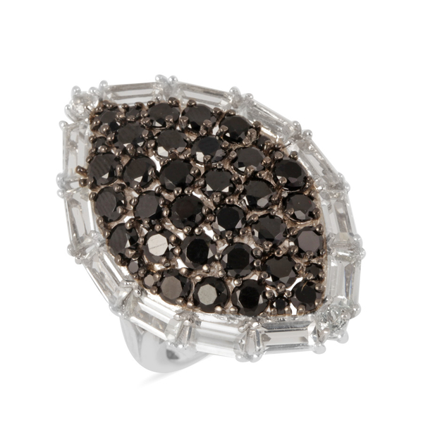 Boi Ploi Black Spinel (Rnd), White Topaz Cluster Ring in Rhodium Plated Sterling Silver 7.760 Ct.