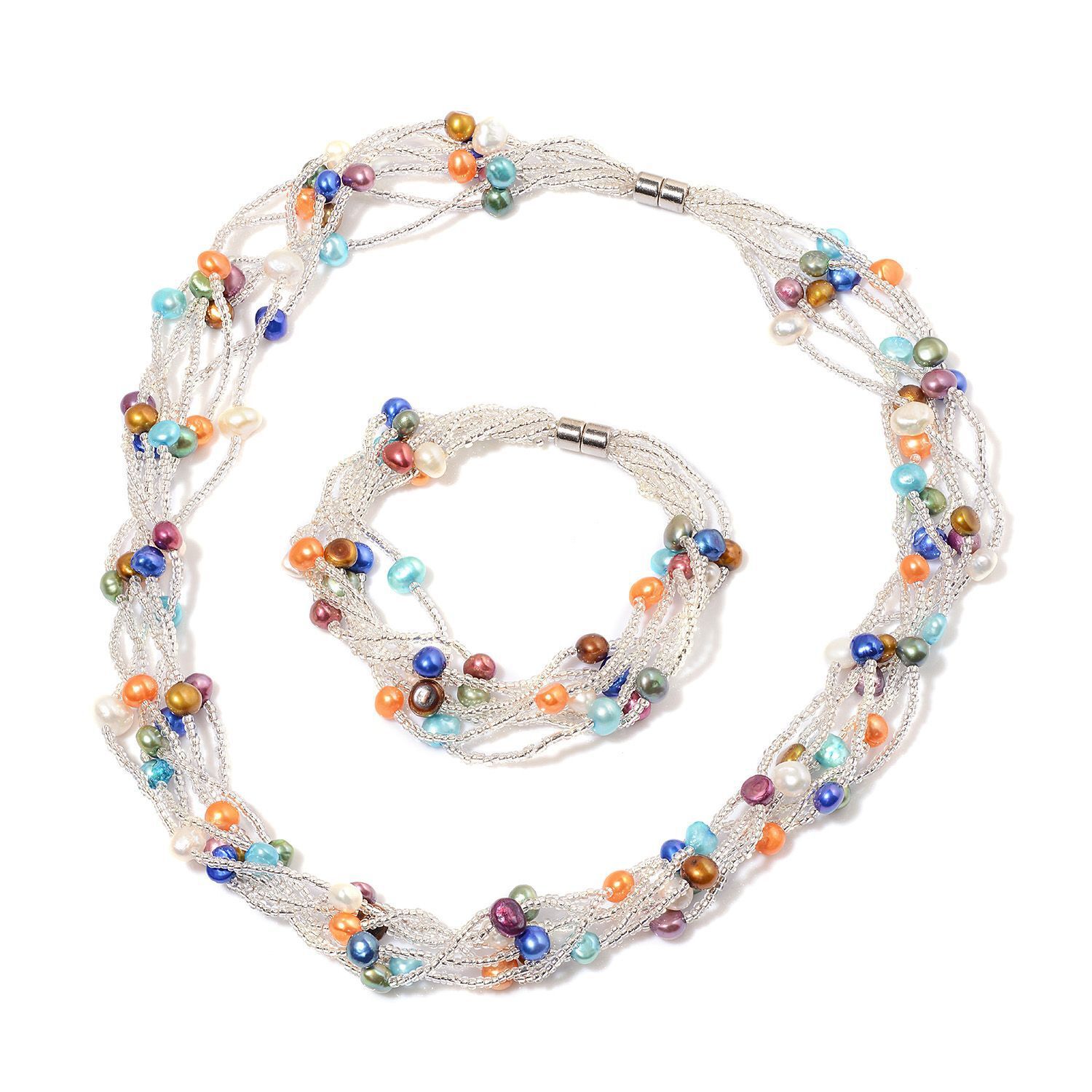 Fresh Water Multi Colour Pearl and White Glass Necklace (Size 18) and Bracelet (Size 7.50) in Silver