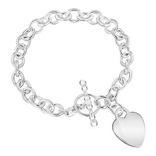 One Time Close Out Deal - Sterling Silver Oval Belcher Heart Charm Bracelet with T-Bar Clasp (Size -