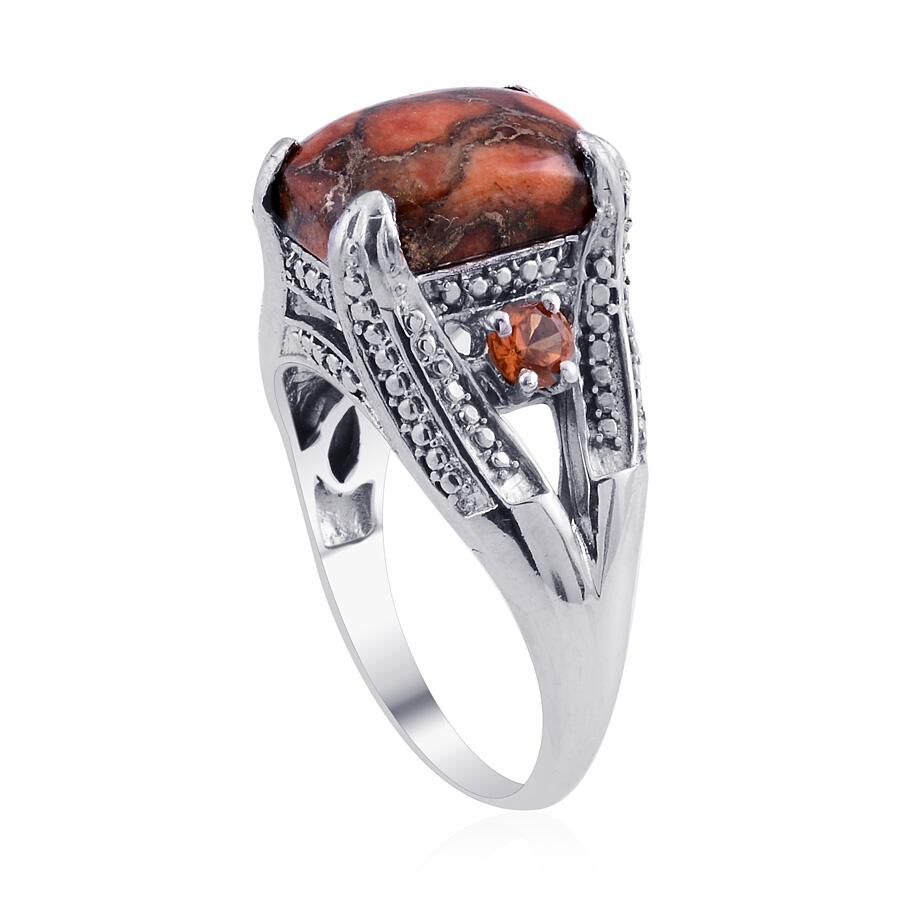 Rainbow Calsilica (Cush 6.00 Ct), Simulated Orange Sapphire Ring in Platinum Bond 6.500 Ct.