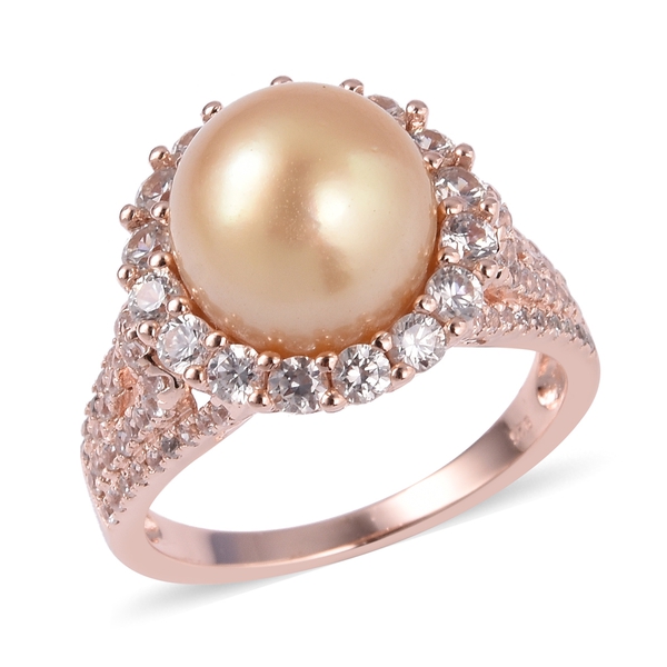 South Sea Golden Pearl and Zircon Cluster Ring in Rose Gold Plated Silver